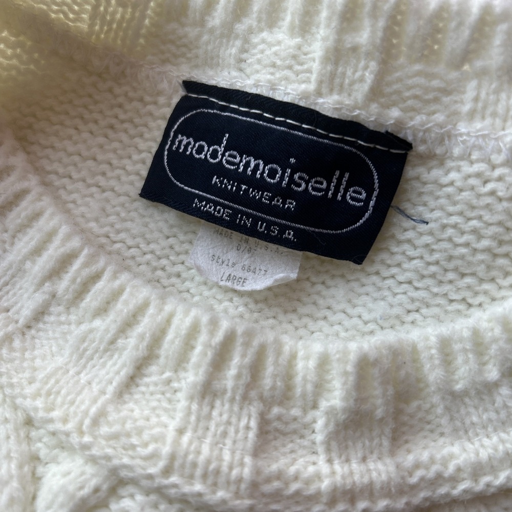 MADEMOISELLE Ivory CableKnit Fisherman Crew Neck‎ Sweater Vtg Size LARGE Coastal - Picture 5 of 5